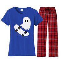 Ghost Skateboard Lazy Halloween Costume Funny Skateboarding Gift Women's Flannel Pajama Set