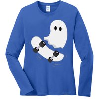 Ghost Skateboard Lazy Halloween Costume Funny Skateboarding Gift Ladies Long Sleeve Shirt