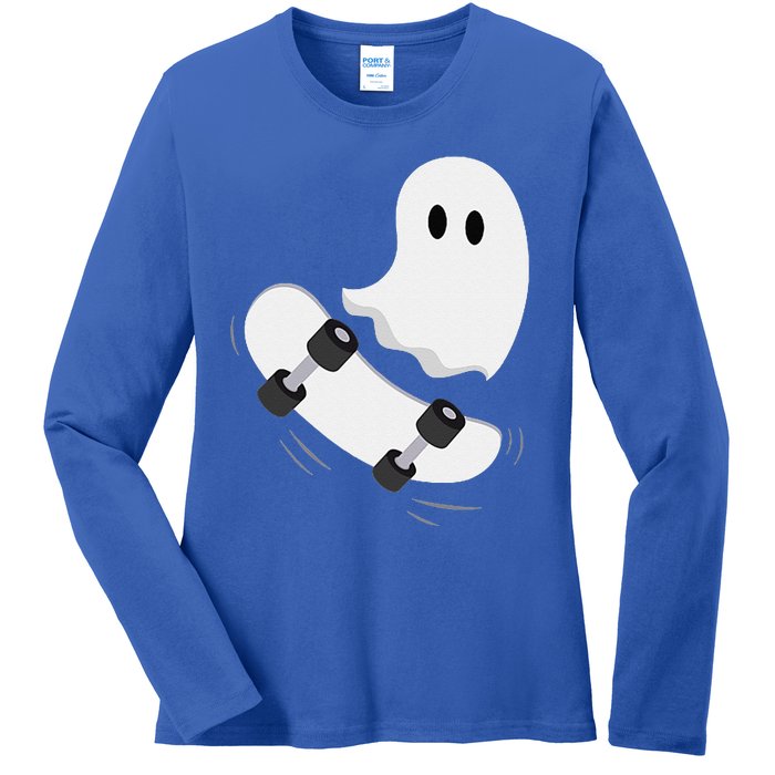 Ghost Skateboard Lazy Halloween Costume Funny Skateboarding Gift Ladies Long Sleeve Shirt