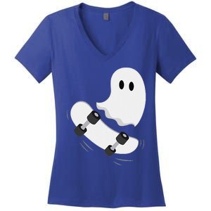 Ghost Skateboard Lazy Halloween Costume Funny Skateboarding Gift Women's V-Neck T-Shirt