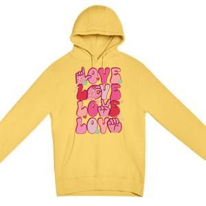 Groovy Sign Language Valentines Day Love Asl Finger Spelling Great Gift Premium Pullover Hoodie