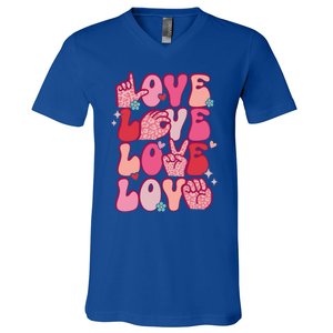 Groovy Sign Language Valentines Day Love Asl Finger Spelling Gift V-Neck T-Shirt