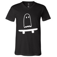 Ghost Skateboard Lazy Halloween Costume Funny Skateboarding V-Neck T-Shirt