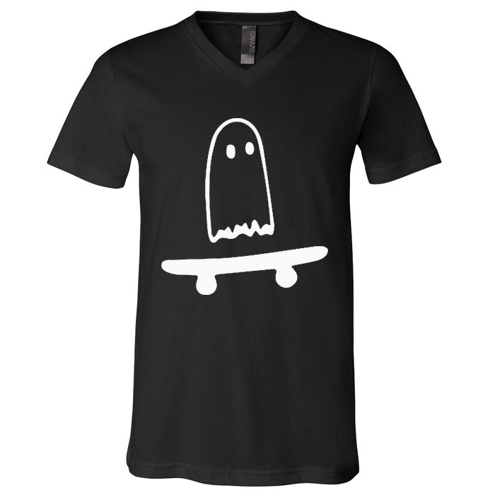 Ghost Skateboard Lazy Halloween Costume Funny Skateboarding V-Neck T-Shirt