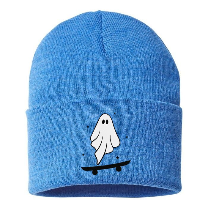 Ghost Skateboard Lazy Halloween Costume Funny Skateboarding Sustainable Knit Beanie