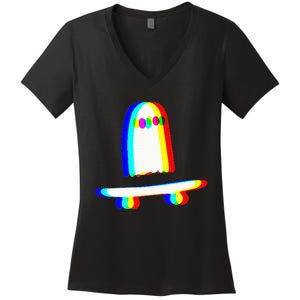 Ghost Skateboard Lazy Halloween Costume Funny Skateboarding Women's V-Neck T-Shirt