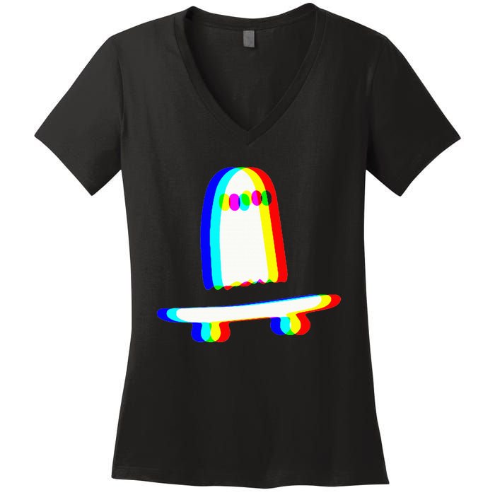 Ghost Skateboard Lazy Halloween Costume Funny Skateboarding Women's V-Neck T-Shirt