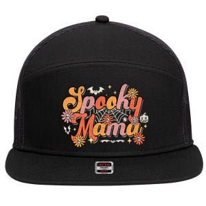 Groovy Spooky Mama Retro Halloween Ghost Witchy Spooky Mom 7 Panel Mesh Trucker Snapback Hat