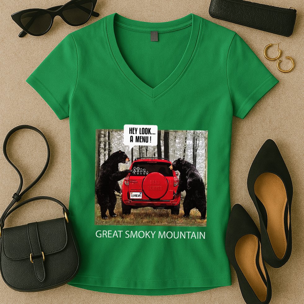 Great Smoky Mountain Bears Hey Look A Menu Women's V-Neck T-Shirt