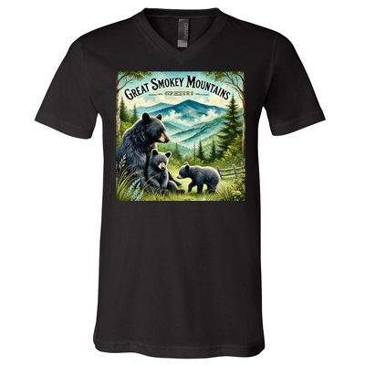 Great Smokey Mountains Black Bear Mother And Cub V-Neck T-Shirt