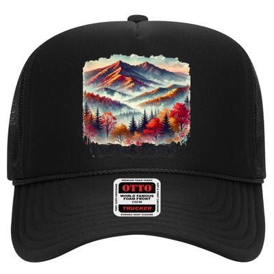 Great Smoky Mountains Fall Leaves High Crown Mesh Back Trucker Hat