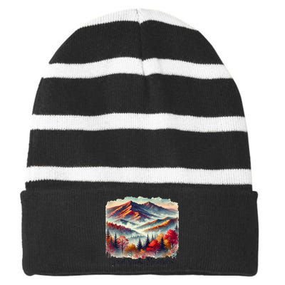 Great Smoky Mountains Fall Leaves Striped Beanie with Solid Band