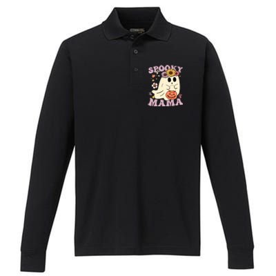 Groovy Spooky Mama Vibes Halloween Hippi Ghost Spooky Season Gift Performance Long Sleeve Polo