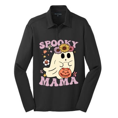 Groovy Spooky Mama Vibes Halloween Hippi Ghost Spooky Season Gift Silk Touch Performance Long Sleeve Polo