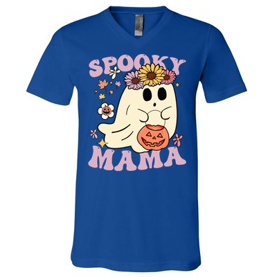 Groovy Spooky Mama Vibes Halloween Hippi Ghost Spooky Season Gift V-Neck T-Shirt