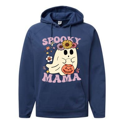 Groovy Spooky Mama Vibes Halloween Hippi Ghost Spooky Season Gift Performance Fleece Hoodie