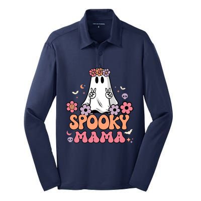 Groovy Spooky Mama Floral Ghost Halloween Spooky Mom Wo Silk Touch Performance Long Sleeve Polo