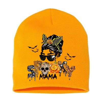 Groovy Spooky Mama Messy Bun Witch Mom Gift Short Acrylic Beanie