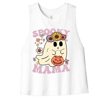 Groovy Spooky Mama Vibes Halloween Hippi Ghost Spooky Season Gift Women's Racerback Cropped Tank