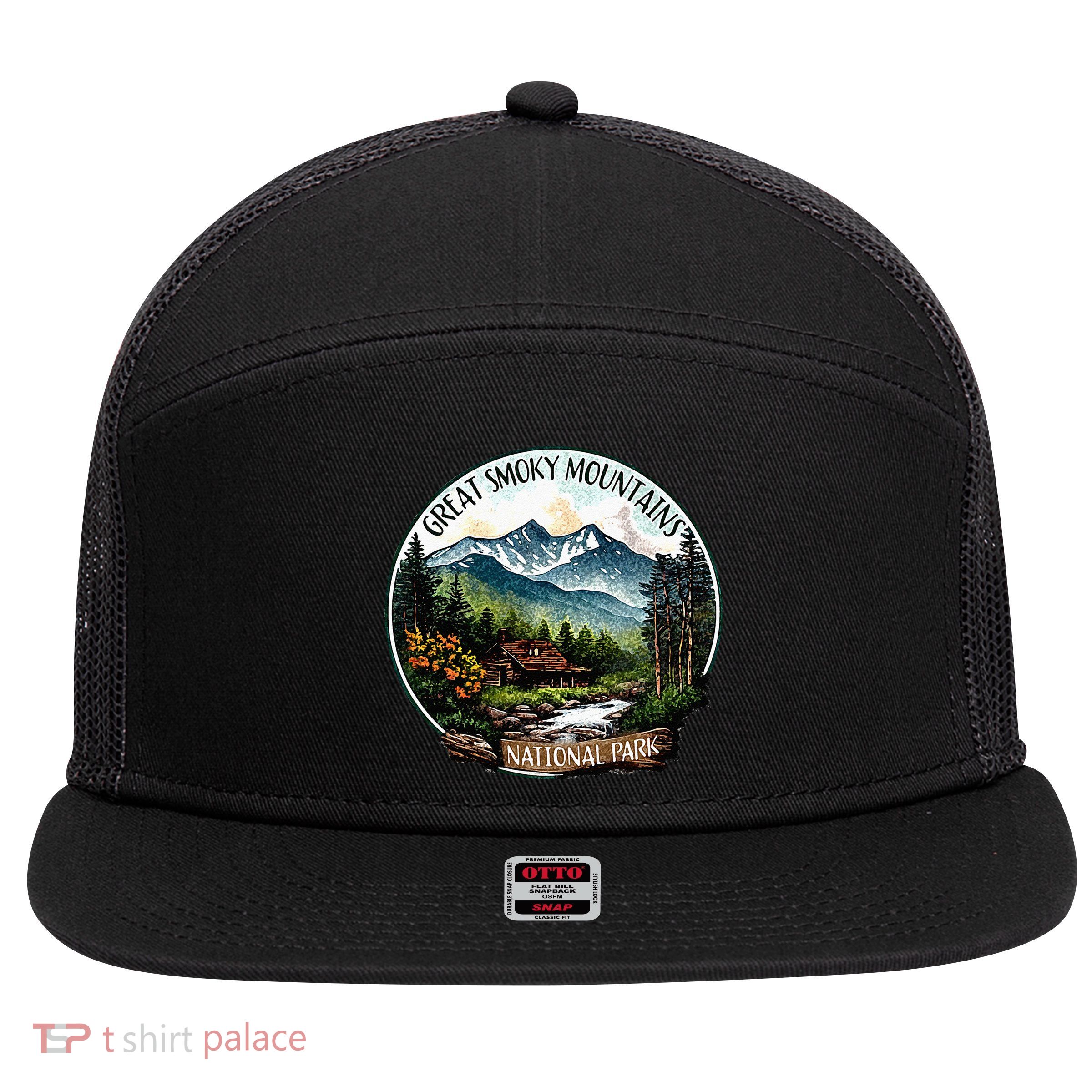 Great Smoky Mountains National Park Vintage Scene Souvenir 7 Panel Mesh Trucker Snapback Hat