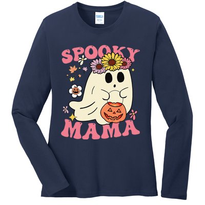 Groovy Spooky Mama Vibes Retro Halloween Ghost Spooky Season Ladies Long Sleeve Shirt