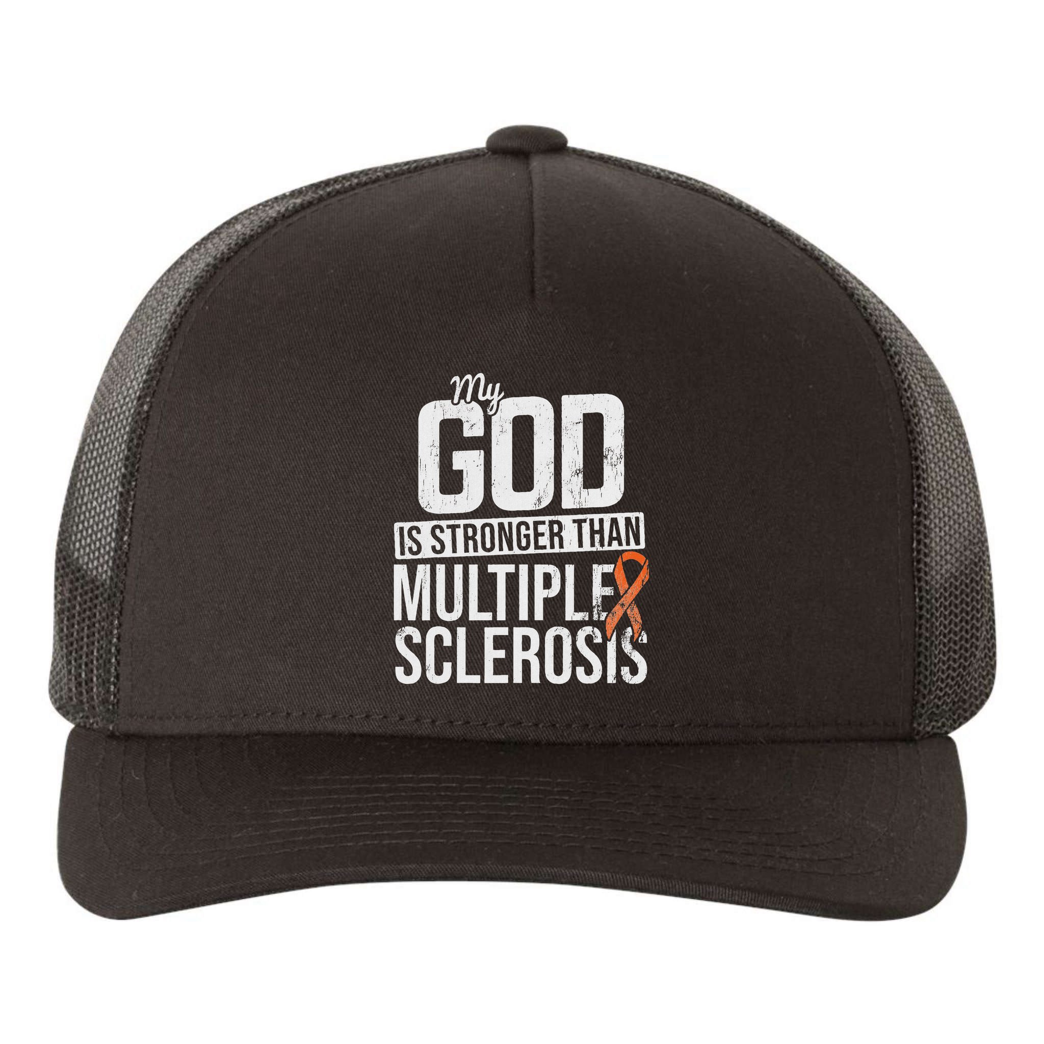 God Stronger Multiple Sclerosis Ms Awareness Orange Ribbon Yupoong Adult 5-Panel Trucker Hat