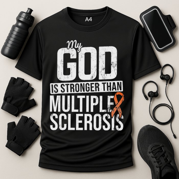 God Stronger Multiple Sclerosis Ms Awareness Orange Ribbon Cooling Performance Crew T-Shirt