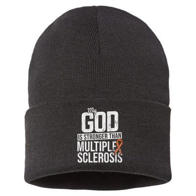 God Stronger Multiple Sclerosis Ms Awareness Orange Ribbon Sustainable Knit Beanie