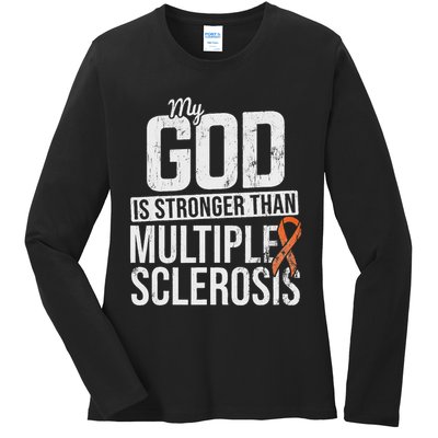 God Stronger Multiple Sclerosis Ms Awareness Orange Ribbon Ladies Long Sleeve Shirt