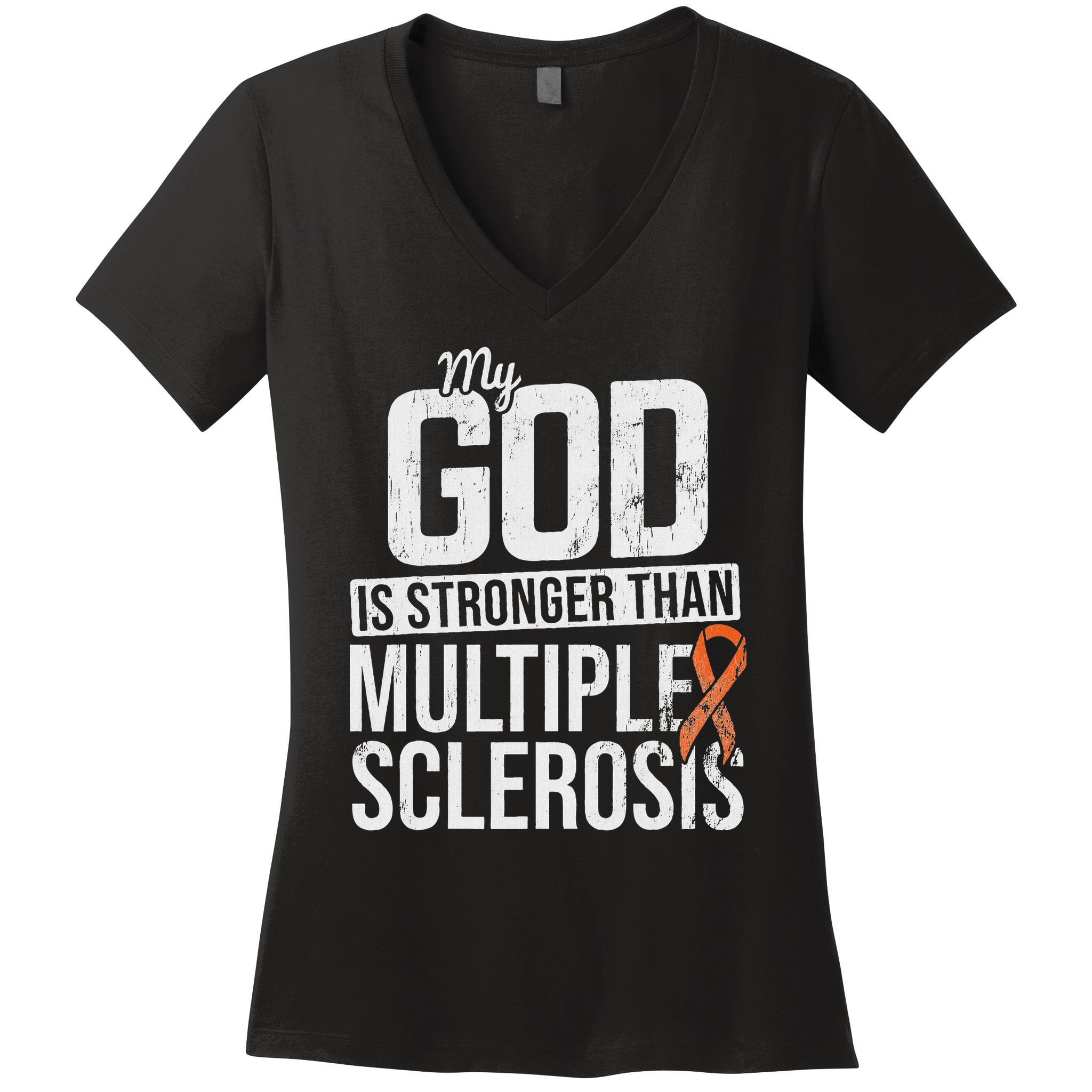 God Stronger Multiple Sclerosis Ms Awareness Orange Ribbon Women's V-Neck T-Shirt