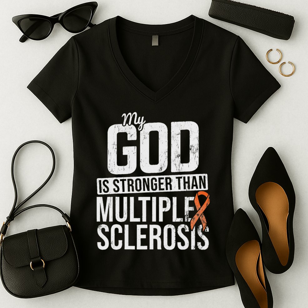 God Stronger Multiple Sclerosis Ms Awareness Orange Ribbon Women's V-Neck T-Shirt