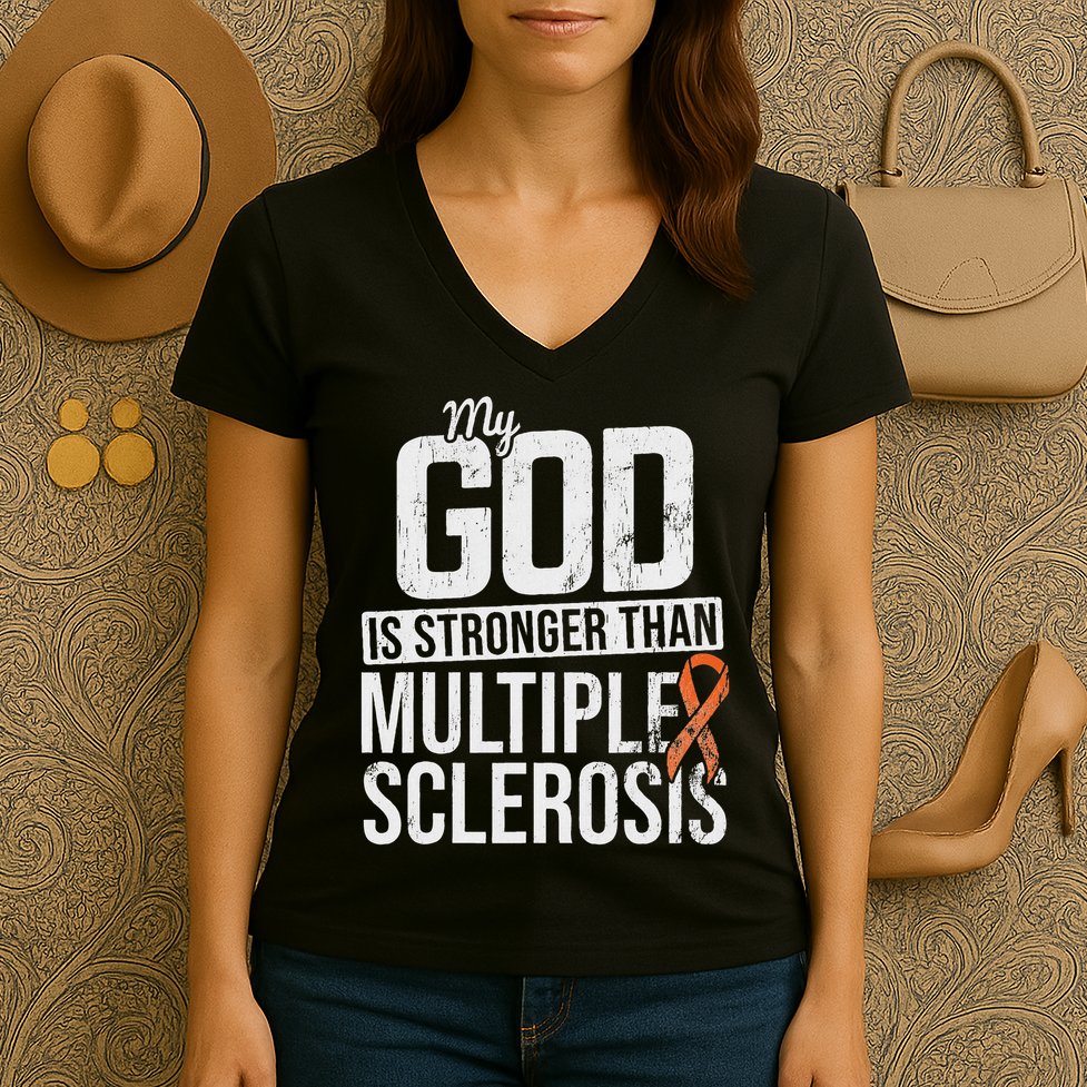 God Stronger Multiple Sclerosis Ms Awareness Orange Ribbon Women's V-Neck T-Shirt