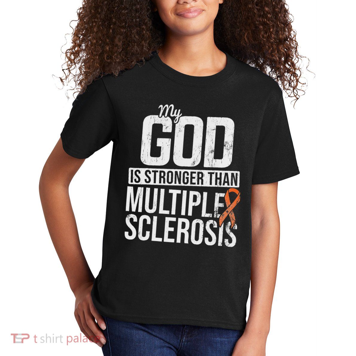 God Stronger Multiple Sclerosis Ms Awareness Orange Ribbon Kids T-Shirt