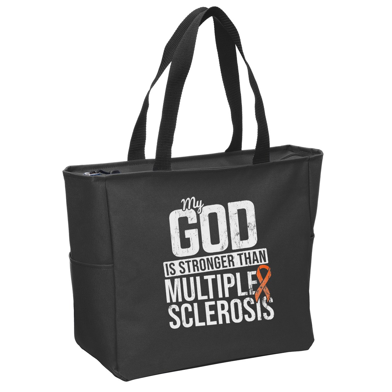 God Stronger Multiple Sclerosis Ms Awareness Orange Ribbon Zip Tote Bag