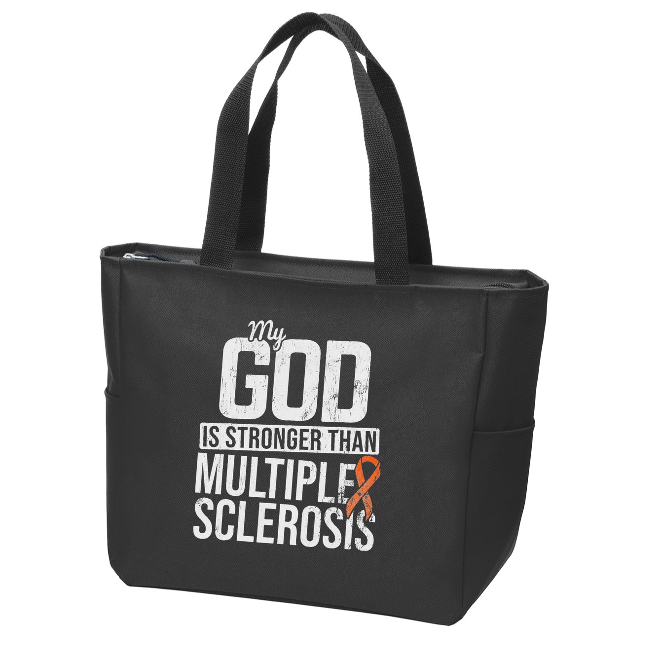 God Stronger Multiple Sclerosis Ms Awareness Orange Ribbon Zip Tote Bag