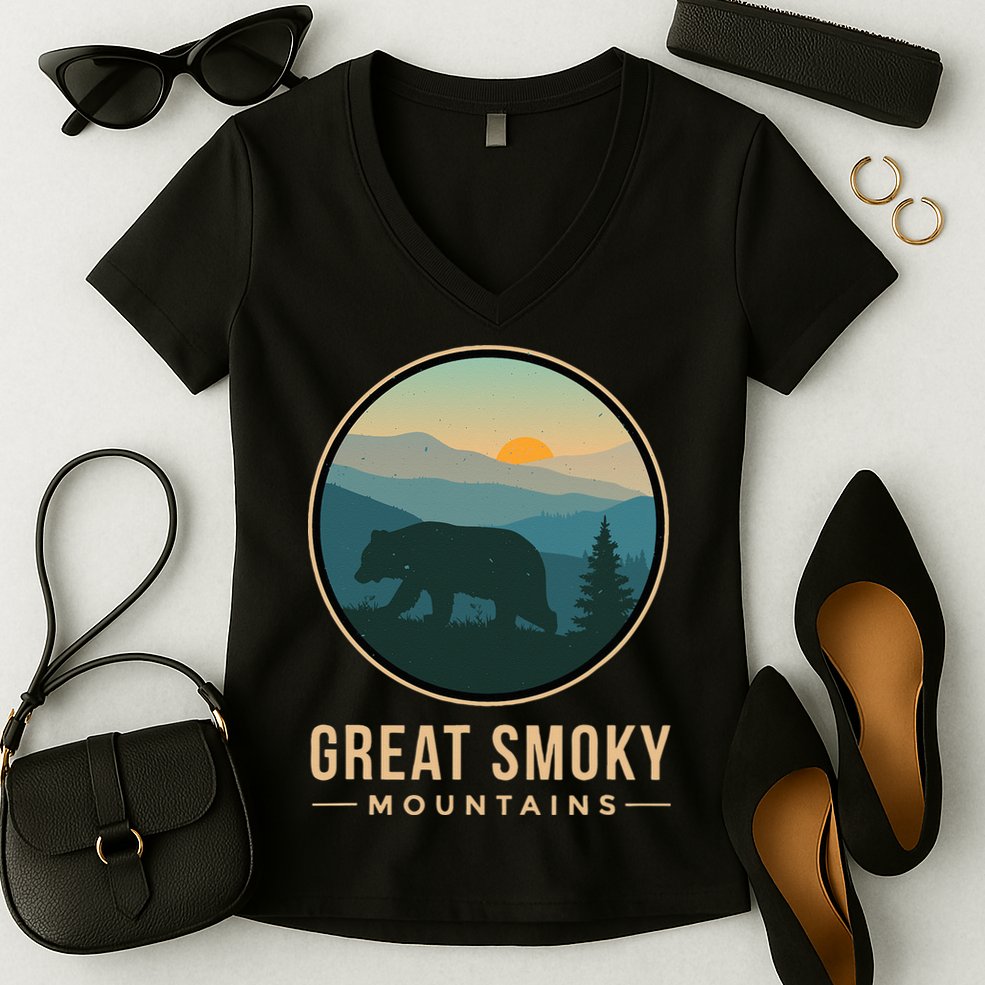 Great Smoky Mountains National Park Retro Bear Women's V-Neck T-Shirt