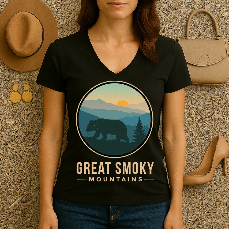 Great Smoky Mountains National Park Retro Bear Women's V-Neck T-Shirt