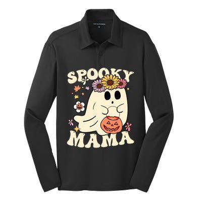 Groovy Spooky Mama Vibe Halloween Floral Ghost Spooky Season Gift Silk Touch Performance Long Sleeve Polo