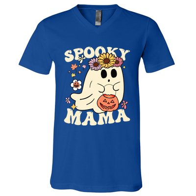 Groovy Spooky Mama Vibe Halloween Floral Ghost Spooky Season Gift V-Neck T-Shirt