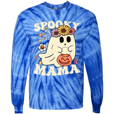 Groovy Spooky Mama Vibe Halloween Floral Ghost Spooky Season Gift Tie-Dye Long Sleeve Shirt