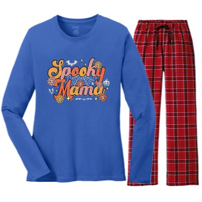 Groovy Spooky Mama Retro Halloween Ghost Witchy Spooky Mom Women's Long Sleeve Flannel Pajama Set 