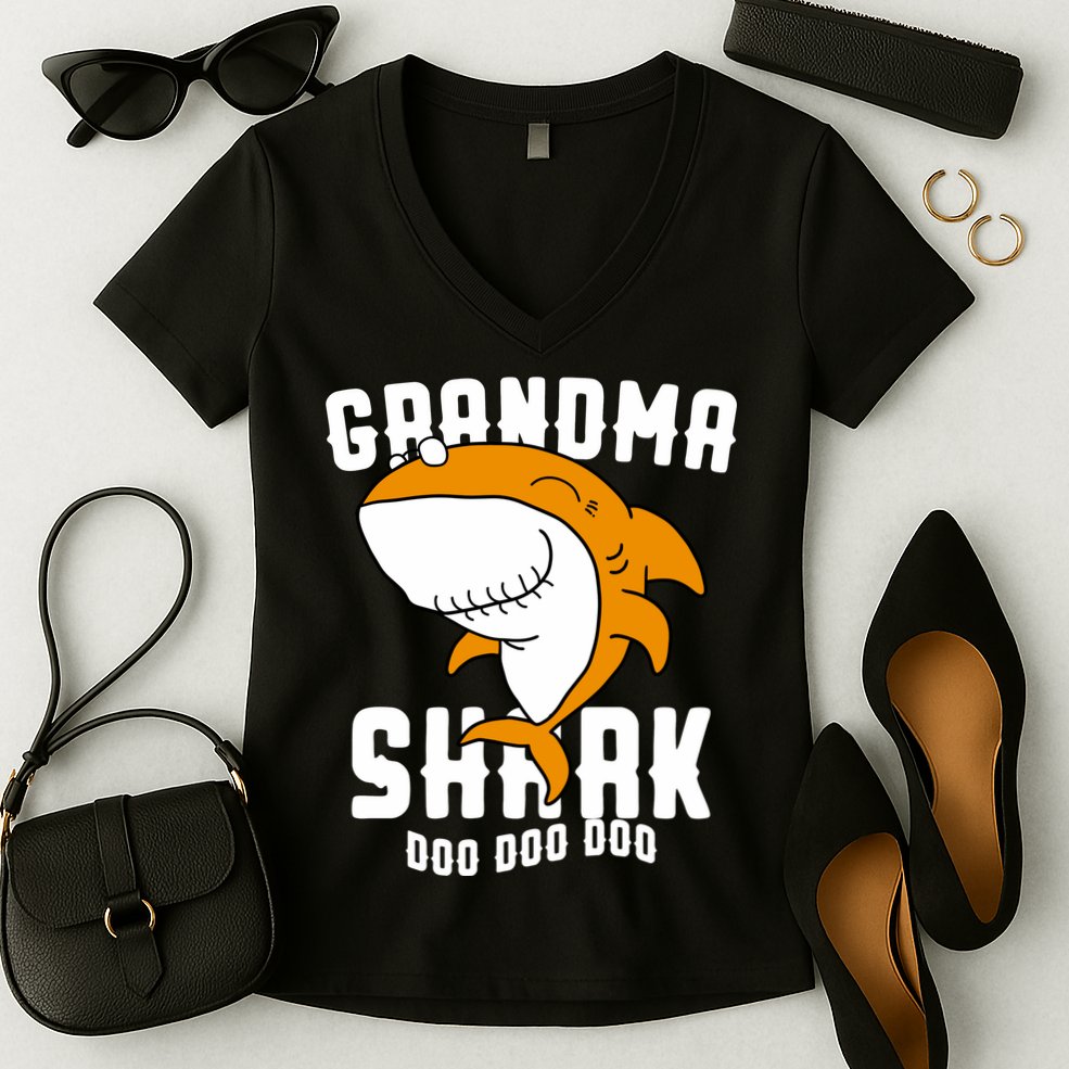 Grandma Shark Mommy Birthday Halloween Christmas Women's V-Neck T-Shirt