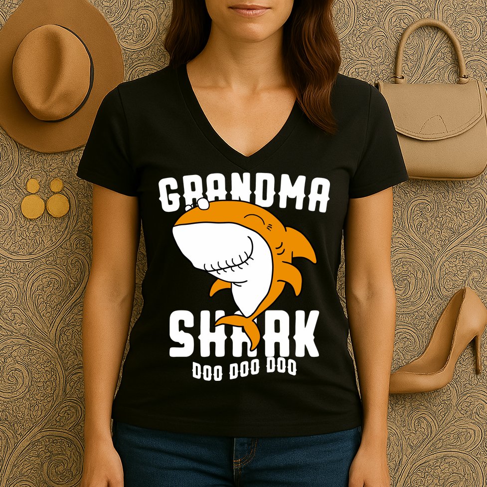 Grandma Shark Mommy Birthday Halloween Christmas Women's V-Neck T-Shirt