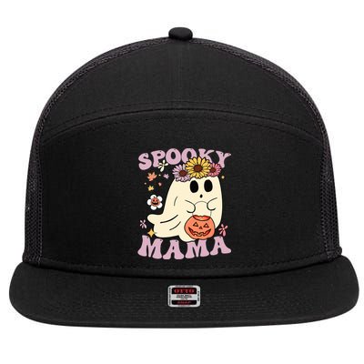 Groovy Spooky Mama Vibes Halloween Hippi Ghost Spooky Season Meaningful Gift 7 Panel Mesh Trucker Snapback Hat