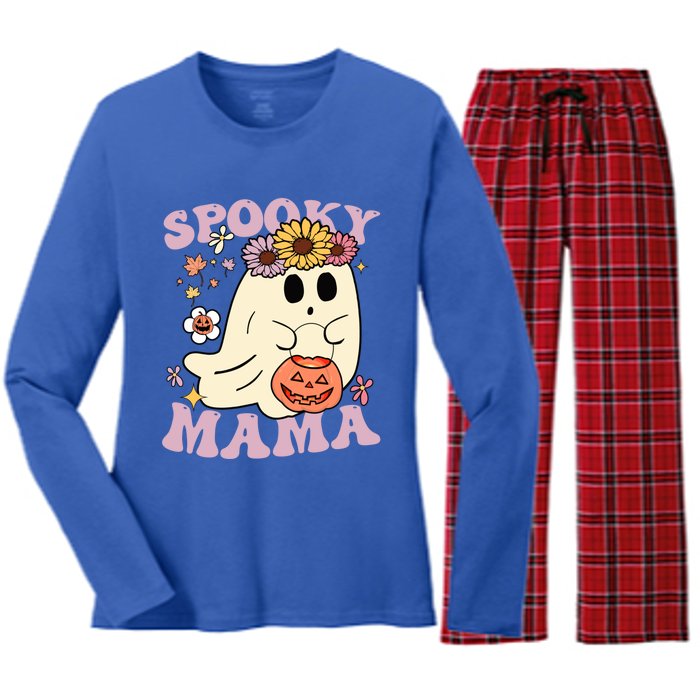 Groovy Spooky Mama Vibes Halloween Hippi Ghost Spooky Season Meaningful Gift Women's Long Sleeve Flannel Pajama Set 