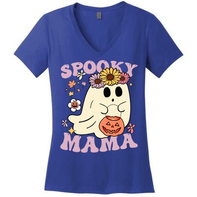 Groovy Spooky Mama Vibes Halloween Hippi Ghost Spooky Season Meaningful Gift Women's V-Neck T-Shirt