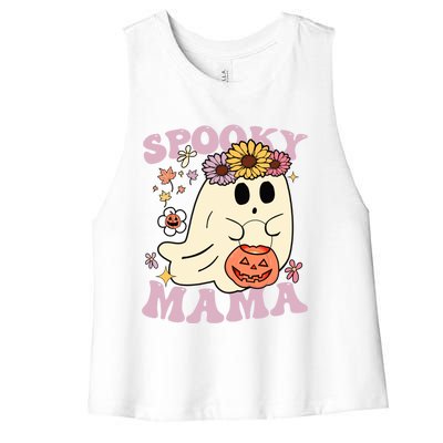 Groovy Spooky Mama Vibes Halloween Hippi Ghost Spooky Season Meaningful Gift Women's Racerback Cropped Tank