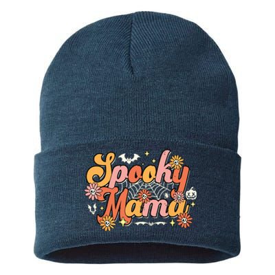 Groovy Spooky Mama Retro Halloween Ghost Witchy Spooky Mom Sustainable Knit Beanie