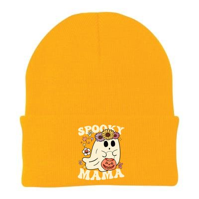 Groovy Spooky Mama Vibe Halloween Floral Ghost Spooky Season Gift Knit Cap Winter Beanie