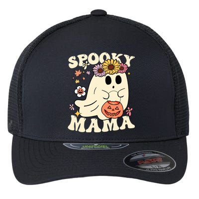 Groovy Spooky Mama Vibe Halloween Floral Ghost Spooky Season Gift Flexfit Unipanel Trucker Cap